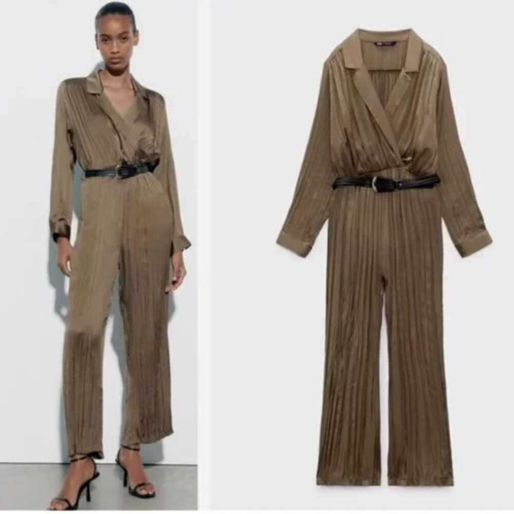 NWT Olive Green Zara Satin Effect Jumpsuit with Belt | XS